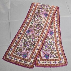 Vintage Oscar De La Renta Designer Floral Purple Orange Long Silk Scarf
